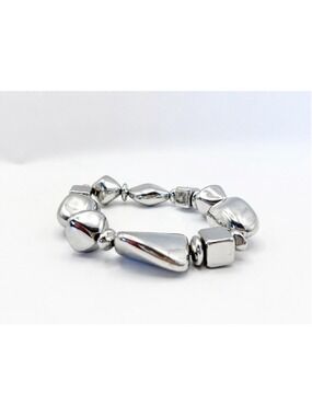 Silver Tone Chunky Geometric Stretch Bracelet Modern Statement Jewelry
